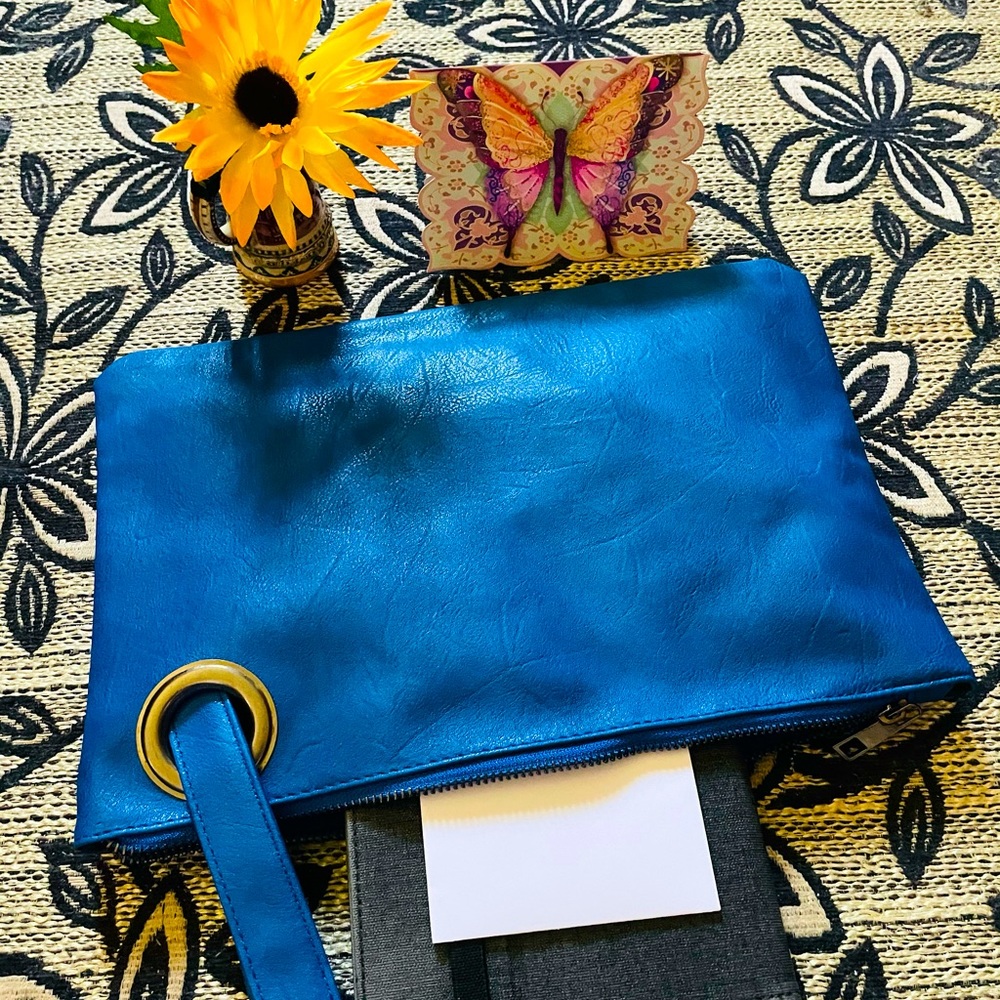 NEW Stylist Blue Leather Pouch Clutch Wristlet